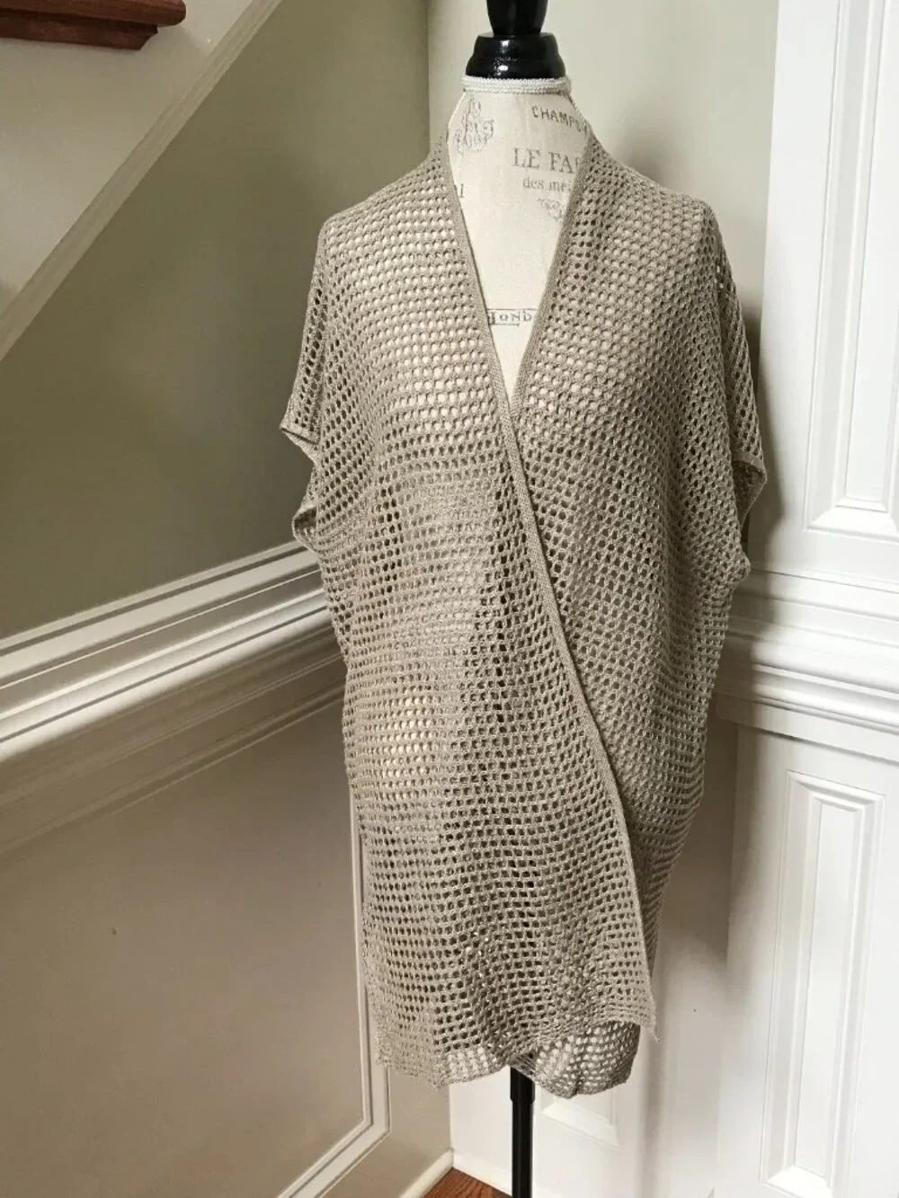 Eileen Fisher Delave Crochet Cardigan Sweater Womens XS Natural Tan Linen Knit